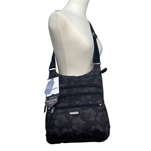 Baggallini Black Floral Design Adjustable Strap Zippered RFID Crossbody Bag Sz M - Picture 2 of 14